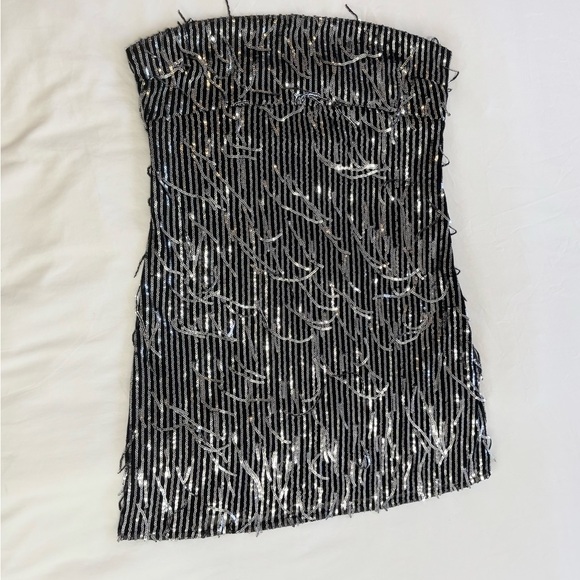 silence + noise Dresses & Skirts - Silence + Noise Womens Black & Silver Sequins Fringe Strapless Mini Dress,Size L